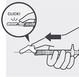 Diagram of person using their thumb to secure the needle in the safety device.