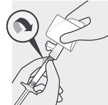 Diagram of person holding the needle pouch and syringe, with the needle pointing up. The person is twisting the needle onto the syringe.