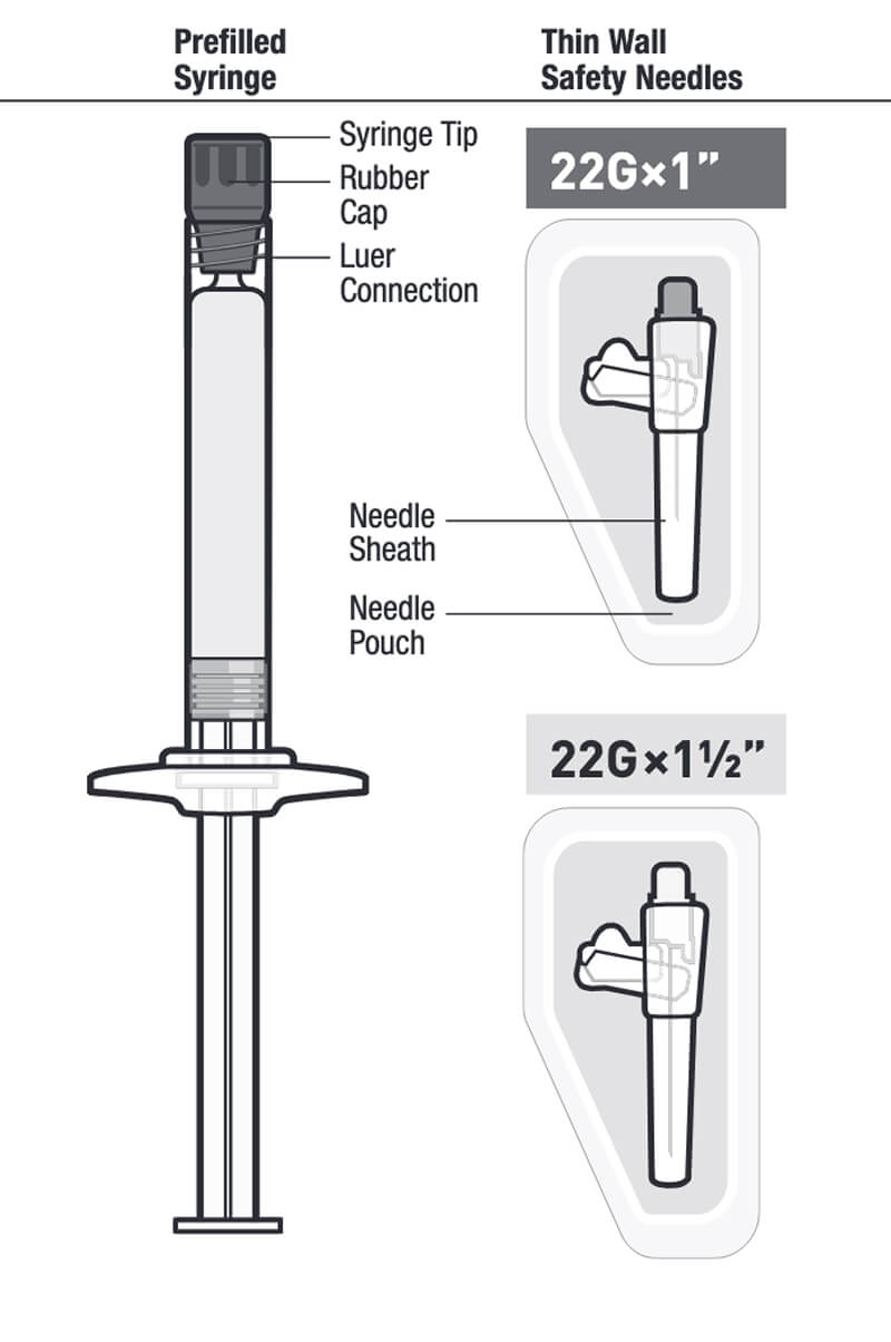 A side by side diagram, with a Prefilled Syringe on the left, and two Thin Wall Safety Needles on the right. There are annotations pointing to the Syringe Tip, Rubber Cap, and Luer Connection on the Prefilled Syringe. The first Thin Wall Safety Needle is labeled 22Gx1" with annotations pointing to the Needle Sheath and Needle Pouch. The second Thin Wall Safety Needle is labeled 22Gx1.5".