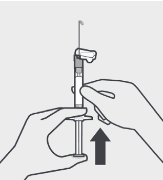 Diagram of person holding the syringe with the needle pointing up, pressing the plunger rod upward as a drop of liquid comes out of the needle tip.
