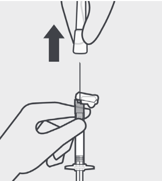 Diagram of person holding the syringe with the needle pointing up, pulling the needle sheath straight off.