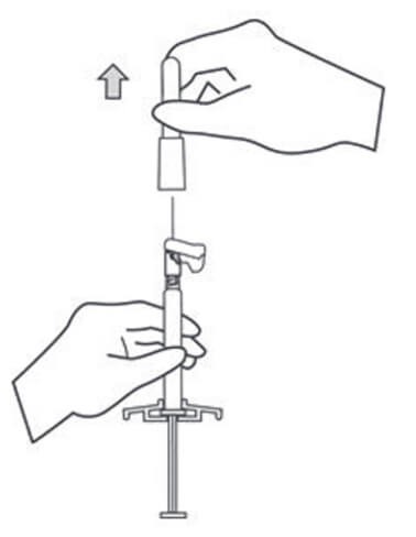 Diagram of person holding the syringe with the needle pointing up, pulling the needle sheath straight off.