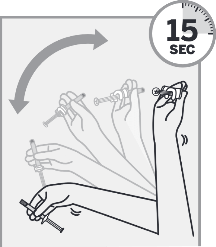 Diagram of person shaking a syringe with it's tip pointing up, alongside text `15 SEC`