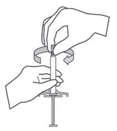 Diagram of person twisting the syringe cap.